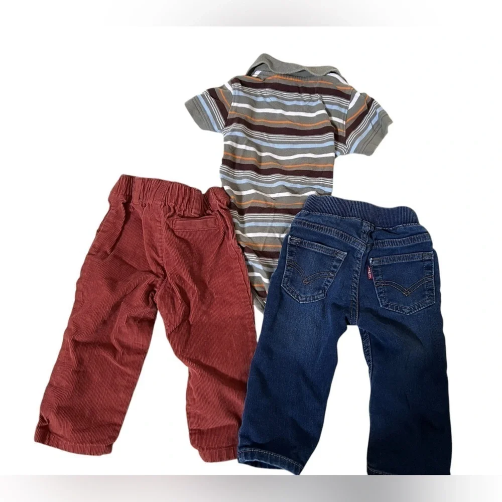 3 item set - Striped Polo Onesie, Reddish brown corduroy pants, Levi’s blue pant